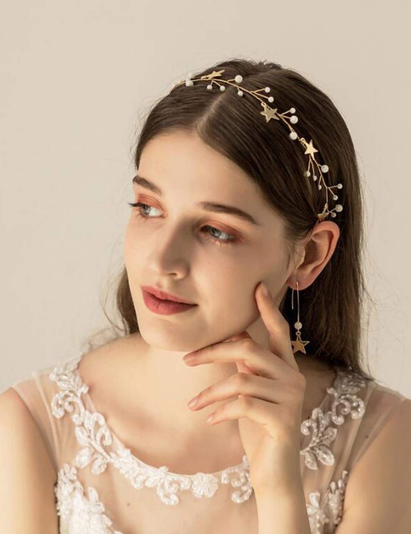 BERYUAN Sequins Pearl Star Headband Earrings Set Gold Wedding Hair Accessories Tassel Star Pendant Jewelry for Her Gift for Women Girls (Gold) - Image 3